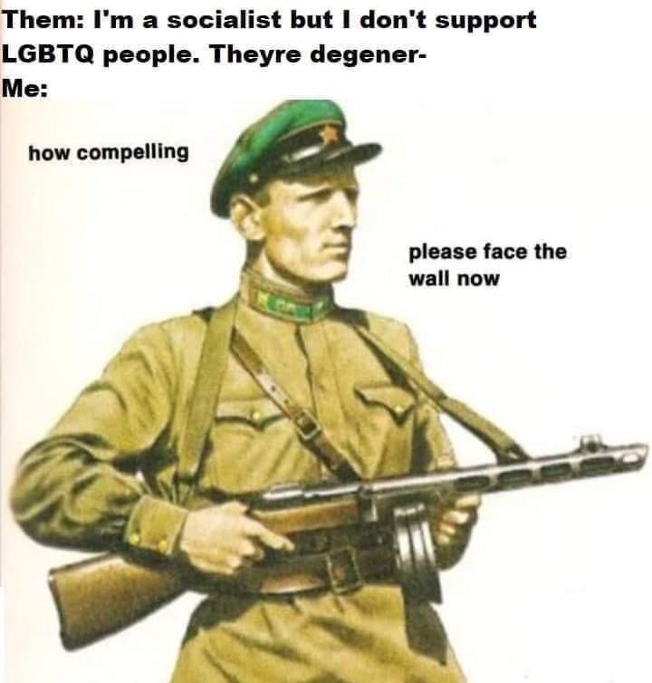 The meme is a play on the phrase "I'm a socialist, but I don't support LGBTQ+ people." The image features a character from the 1930s, a Soviet-era soldier, with a caption that says "I'm a socialist, but I don't support LGBTQ+ people. They're degenerates." The image is humorous because it takes a stereotype of a socialist being anti-LGBTQ+ and exaggerates it to absurdity by using a character from the 1930s, a time when socialism was popular, but LGBTQ+ rights were not.