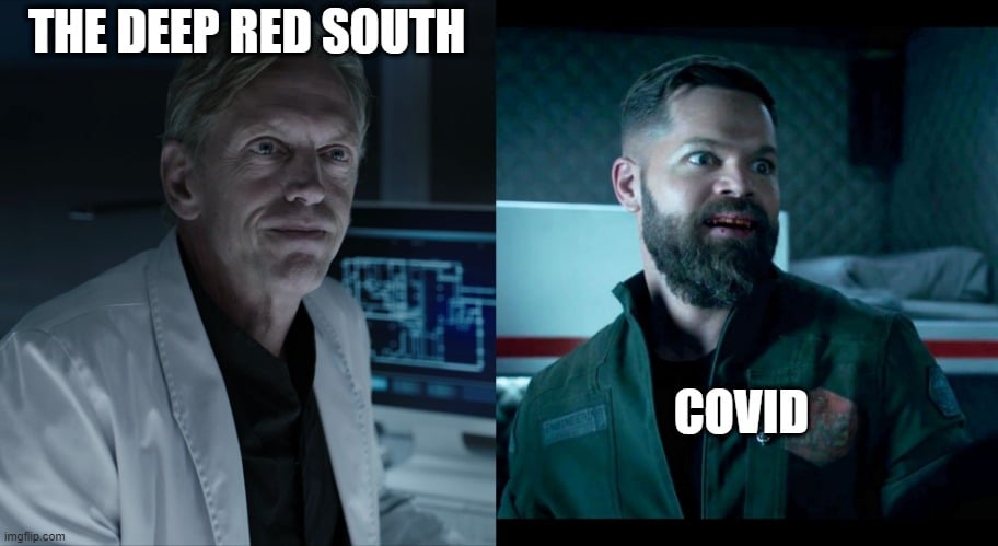 This meme is a humorous comparison between two images. The top image shows a character from the TV series "The Expanse" (played by Steven S. Dehn) looking shocked and worried, with the caption "The Expanse" above him. The bottom image shows a character from the same series (played by Chris McDon El Jen) looking equally shocked and worried, with the caption "COVID" below him.