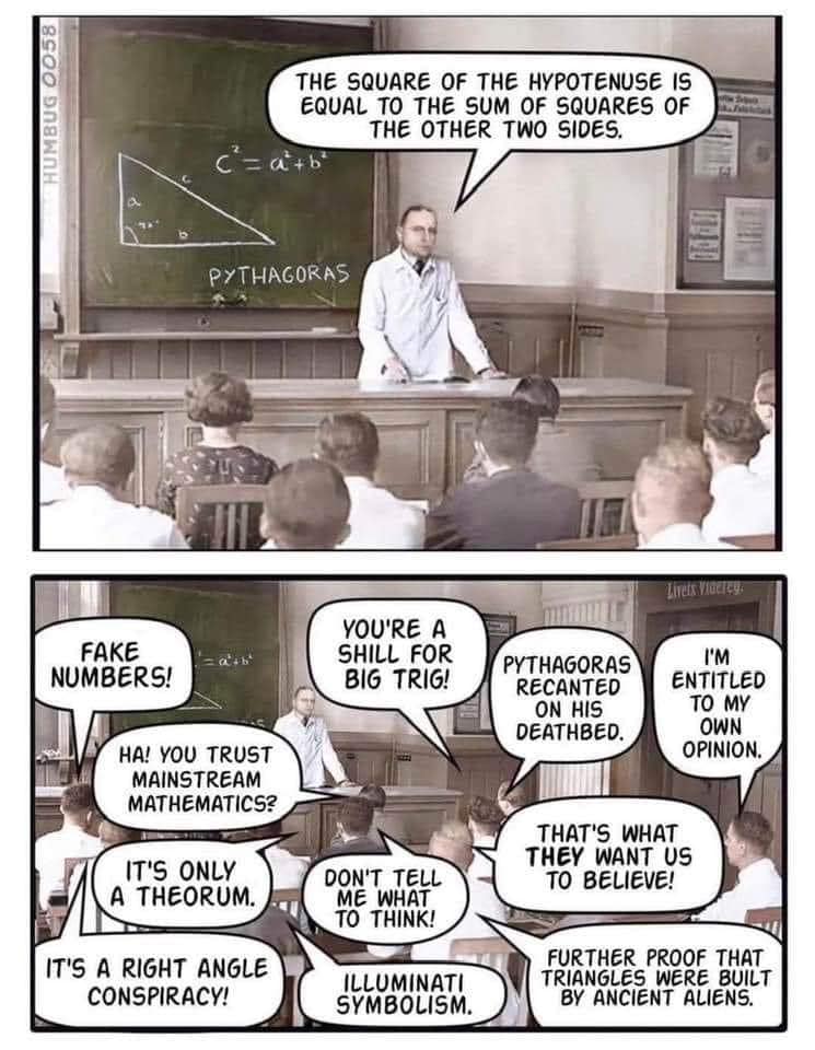 This meme is a humorous image of a math teacher explaining the Pythagorean theorem, but the students' responses are absurd and humorous. The text in the image includes a teacher explaining the theorem, followed by a series of ridiculous student responses, such as "It's a right angle conspiracy" and "It's only a theorem, not a theorem-ian."