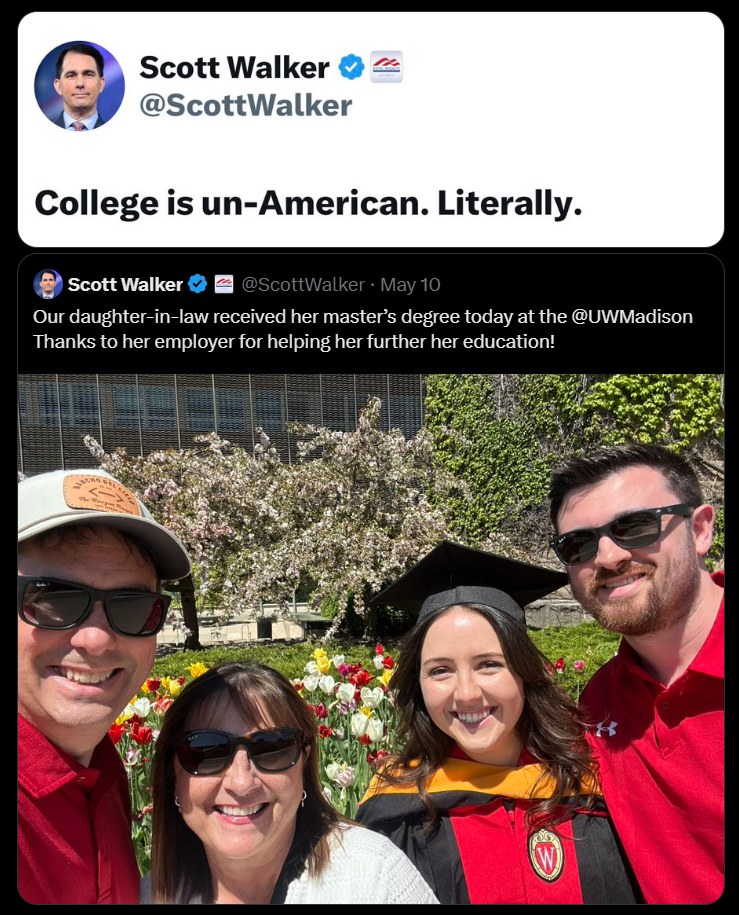 This meme is a screenshot of a tweet from a Twitter account called "Scott Walker" (a former US politician). The tweet reads: "College is un-American. Literally." It's a humorous and ironic statement, implying that the author thinks college is a bad thing, which is a contradictory and unexpected opinion from a politician. The tweet is likely meant to be satirical or sarcastic, poking fun at the idea that college is a necessary and beneficial part of American life.