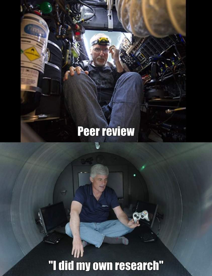 The meme is a humorous critique of the academic practice of peer review, where researchers are expected to review and critique each other's work. The image shows a scientist in a cramped, cluttered space, surrounded b...
