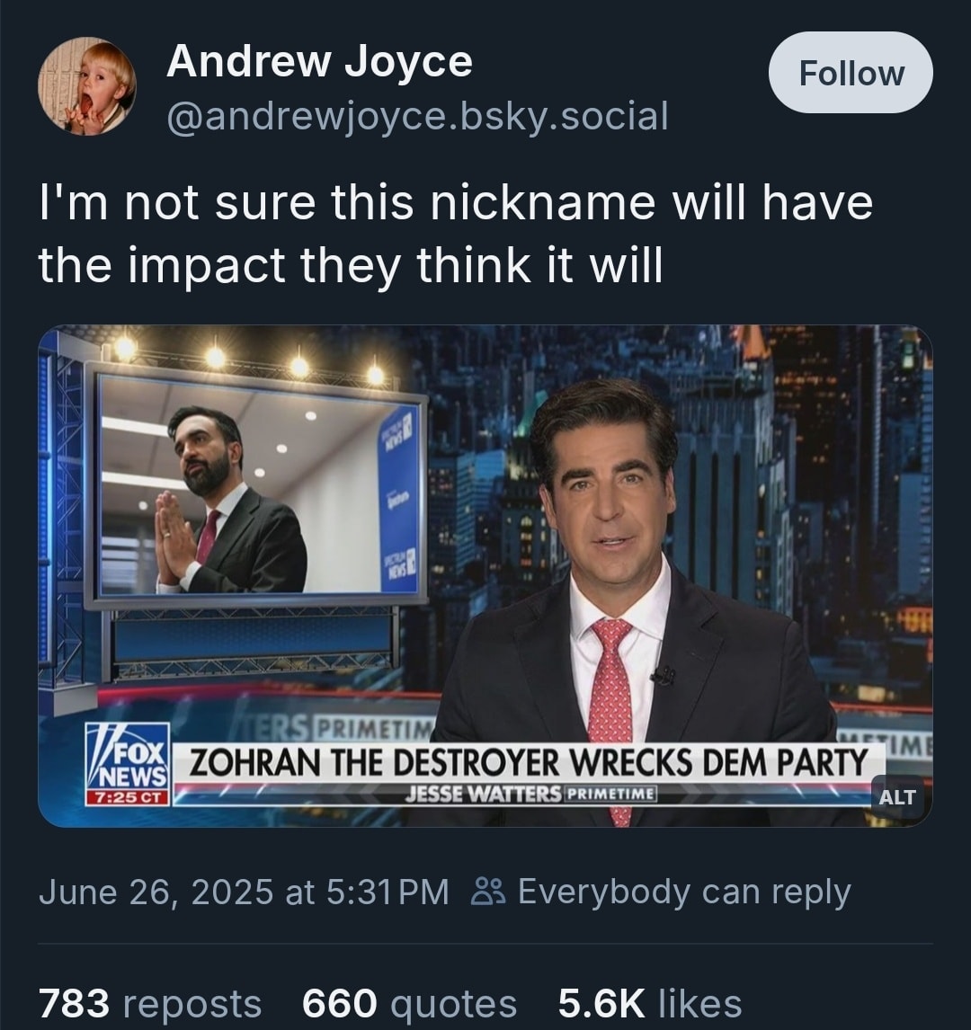 This meme is a screenshot of a tweet that pokes fun at the use of the term "Zohran" as a nickname for a politician. The tweet is accompanied by a photo of a news anchor reporting on the politician's actions, with a caption that reads, "I'm not sure this nickname will have the impact they think it will." The image is meant to be humorous and ironic, suggesting that the politician's efforts to brand themselves with a catchy nickname may not be as effective as they hope.