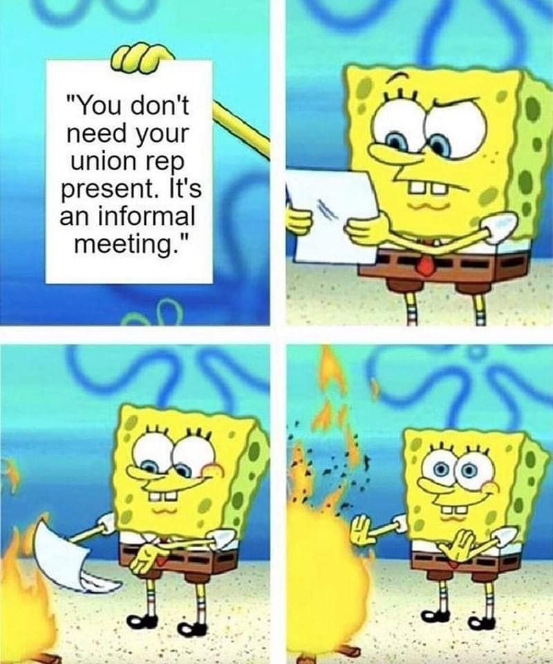 This meme is a humorous take on a common phrase used in meetings to avoid being asked to participate. The image shows SpongeBob SquarePants, a character known for his enthusiasm and eagerness, enthusiastically agreeing to participate in a meeting. The text in the image reads: "You don't need to bring a presentation. It's just a casual meeting."