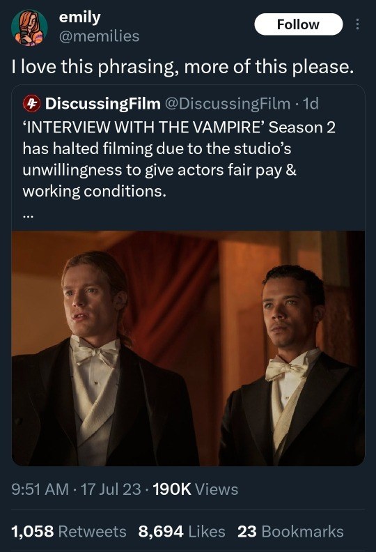 This meme is a screenshot of a Twitter post from a user named "emily" with the username "@memilie". The post reads: "I love this phrasing, more of this please." The image is not described, but the text is a quote from a TV show or movie, referencing a specific scene or character. The quote is likely from a popular TV show or movie, but the specific title or context is not provided.