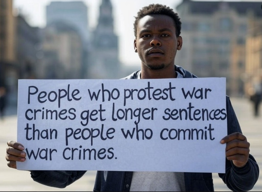 This meme is a humorous commentary on the perceived leniency of sentences for those who protest against war crimes, compared to those who actually commit them. The text on the image reads: "People who protest war crimes get longer sentences than people who commit them."