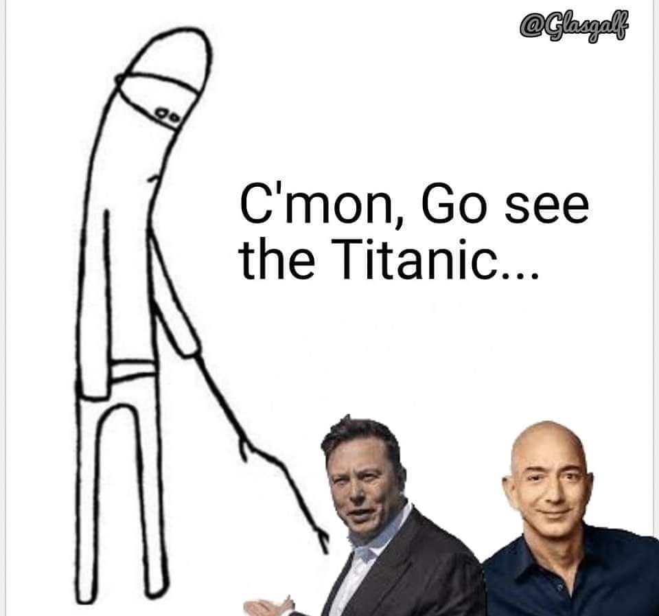 This meme features a simple drawing of a stick figure on a ship's deck, looking out to sea. The stick figure is pointing out to the horizon, where a massive ship is not visible, and is saying "C'mon, go see the Titanic...". The joke is that the stick figure is asking someone to go see the Titanic, which is a ship that sank in 1915 and is now a museum in New York City. The humor comes from the idea that the stick figure is asking someone to go see a ship that no longer exists.