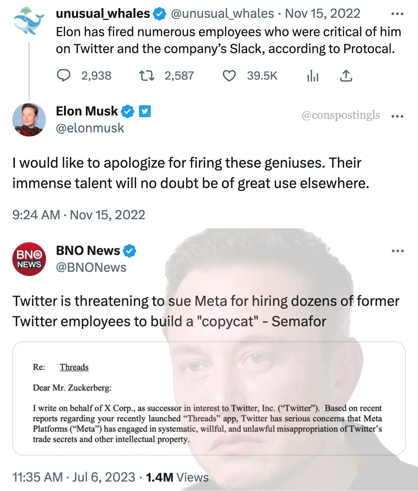 This meme is a screenshot of a tweet from Elon Musk, where he responds to a report from a news outlet called "BNO News" (BNO stands for Business News Online). The tweet says "I would like to apologize for firing these geniuses. Their immense talent will be missed, and I'm sure they will find a way to use their skills to create something new and better. I wish them all the best."