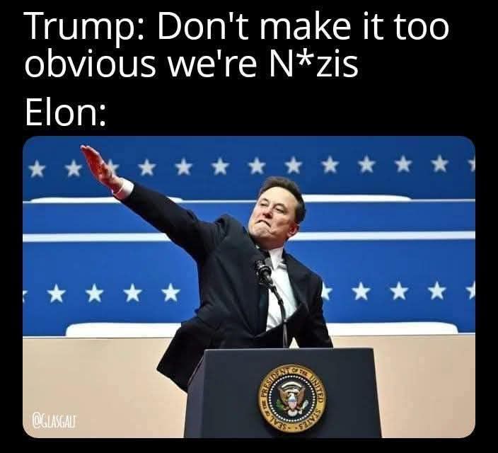 This meme is a play on a famous speech by Donald Trump, where he said "We're going to have to get used to it" when referring to being called a "Nazi" by his opponents. The image shows Elon Musk, the CEO of Tesla and SpaceX, standing at a podium and making a Nazi salute. The text at the top of the image reads "Trump: Don't make it too obvious we're N*zis" and at the bottom, "Elon:".