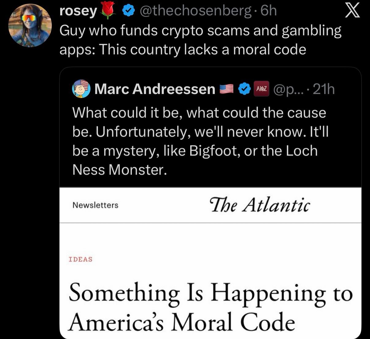 This meme plays on the narrative that wealthy billionaires fund criminal activities by corrupting society. A tweet from @thechozenberg criticizes a person who finances crypto scams and gambling apps by claiming this c...
