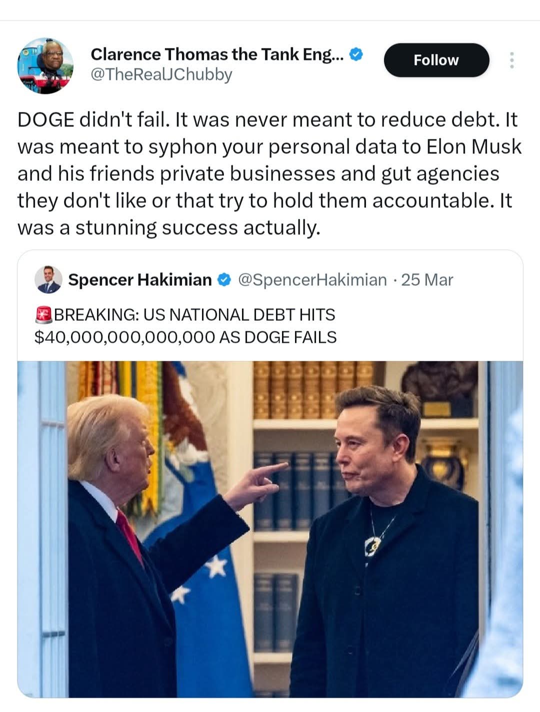 In this photo, Donald Trump is seen pointing at Elon Musk, a visual cue often associated with blame in this narrative. From an anti-billionaire perspective, this meme suggests that Elon Musk is inflating the US nation...