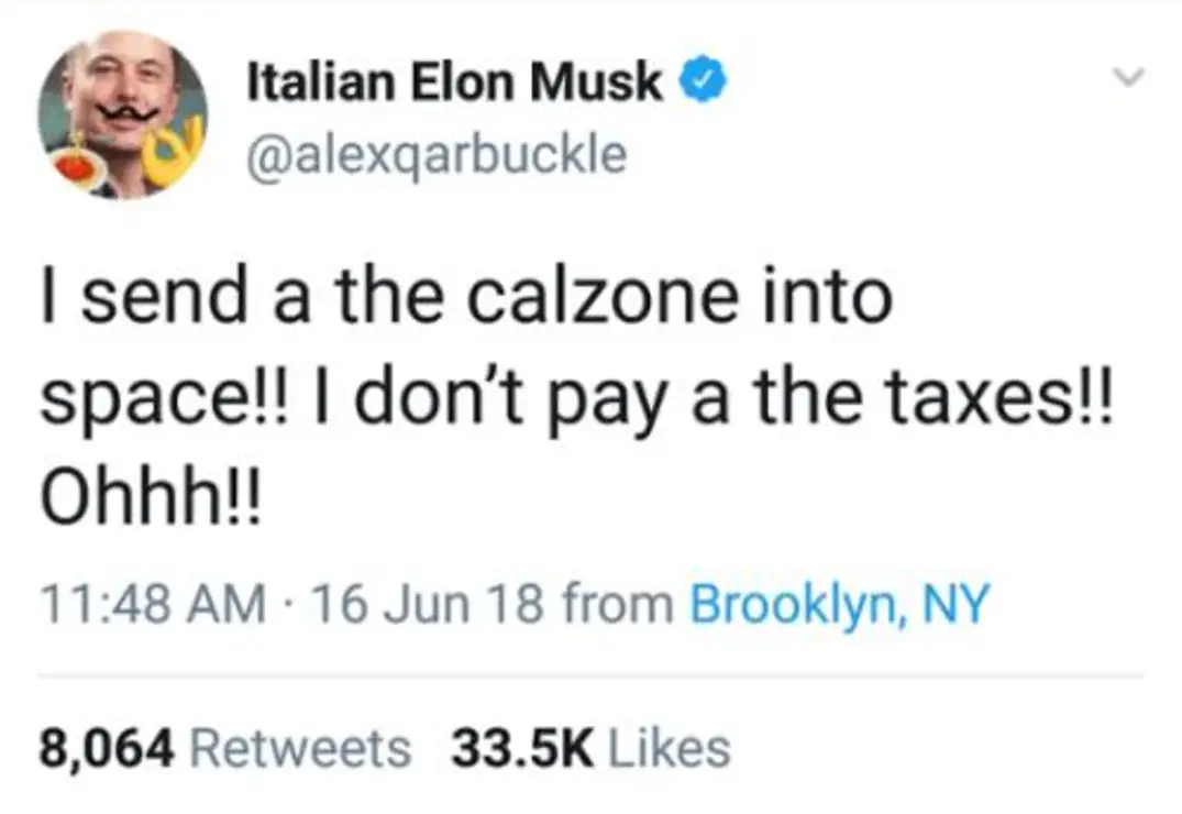 The meme is a screenshot of a tweet from Italian Elon Musk (a parody account) responding to a tweet from a user named Alex. The tweet reads: "I send a calzone into space! I don't pay taxes! Oooo!" The image is a humorous take on the idea of a person sending a food item into space, implying that they don't have to pay taxes because it's in space.