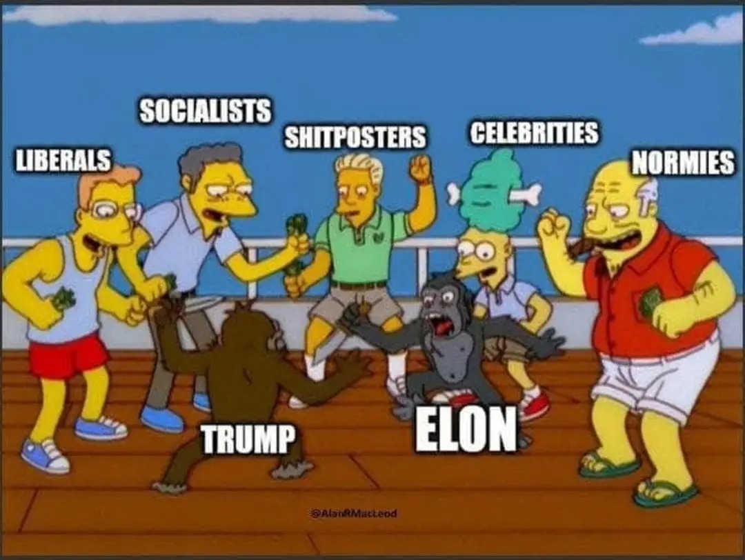 This meme is a satirical illustration of a group of individuals with different ideologies and personalities, including politicians and celebrities, who are all fighting each other on a ship. The text "Elon" appears in the center of the image, indicating that it is the only person who is not fighting. The image is a humorous commentary on the idea that in a world where everyone is fighting, there is always someone who is not.