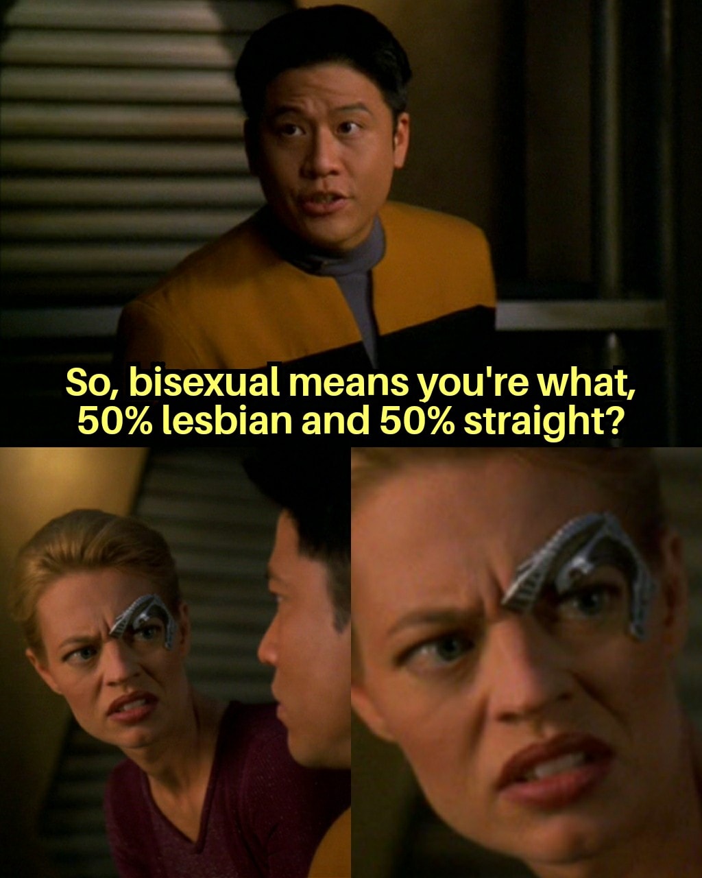 This meme is a humorous exchange between characters from the TV show Star Trek: The Next Generation. The character Data, an android, is trying to understand human emotions and relationships. He asks if being "gay" (a person who is attracted to the same sex) is the same as being "straight" (a person who is attracted to the opposite sex), and the character Deanna Troi, a counselor, responds with a clever and awkwardly worded answer that has become a popular meme.