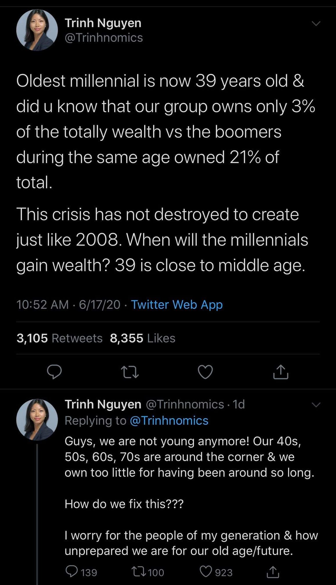 This meme is a humorous commentary on the financial struggles of younger generations. The image shows a screenshot of a Twitter thread where a user, @Trinhnomics, is explaining to a friend why millennials are struggling financially. The text reads: "In 2008, the economy crashed & the government bailed out banks. Now, in 2020, the economy crashed & the government is bailing out everyone. Except, it's not. The bailouts are for corporations, not people. The people are still struggling & getting poorer."