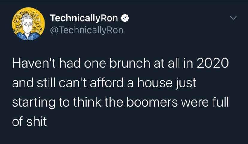 The meme is a humorous commentary on the struggles of adulthood, specifically the financial struggles of millennials. The text reads: "In 2020, I still can't afford a house. I'm starting to think the boomers were right."