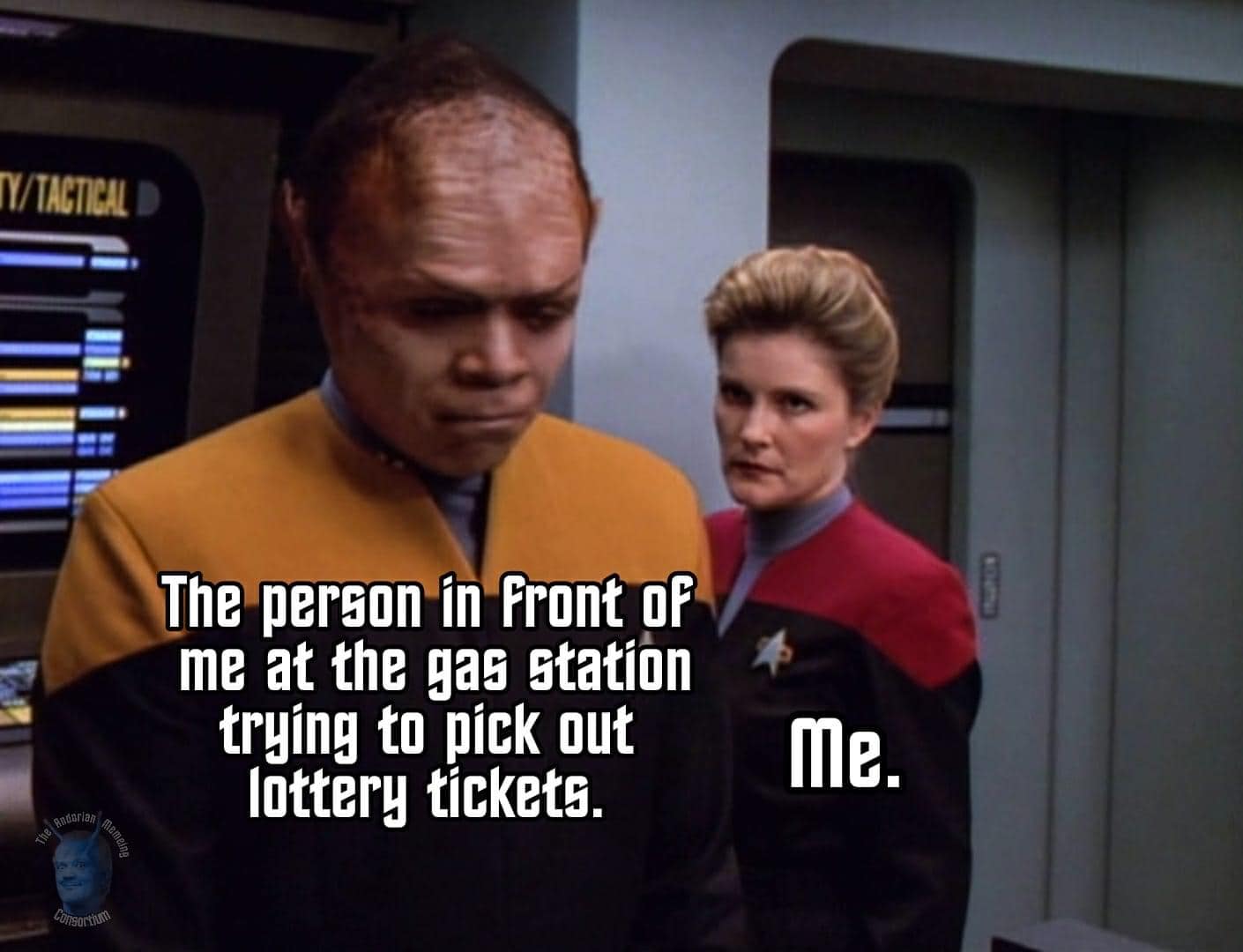 This meme is a humorous image featuring a character from the TV show Star Trek: The Next Generation, Captain Jean-Luc Picard, and his crewmate, Commander Deanna Troi. The image depicts a scene where Captain Picard is visibly annoyed and frustrated, with the text "The person in front of me at the gas station, trying to pay with a $100 bill" overlaid on the image. The meme is captioned "When the person in front of you at the gas station is trying to pay with a $100 bill" and features the response "Me" with a scowling expression.