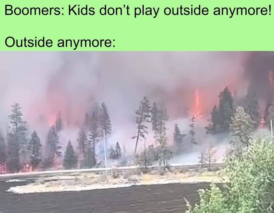 This meme is a humorous comparison between the childhoods of baby boomers and millennials. It features a split-screen image, with a serene forest scene on one side and a chaotic, apocalyptic landscape on the other. The text at the top reads "Boomers: Kids don't play outside anymore!" and the text at the bottom says "In reality: [image of a forest on fire]". The meme is poking fun at the idea that the previous generation's perception of children's lack of outdoor play is actually a reflection of the devastating effects of climate change.