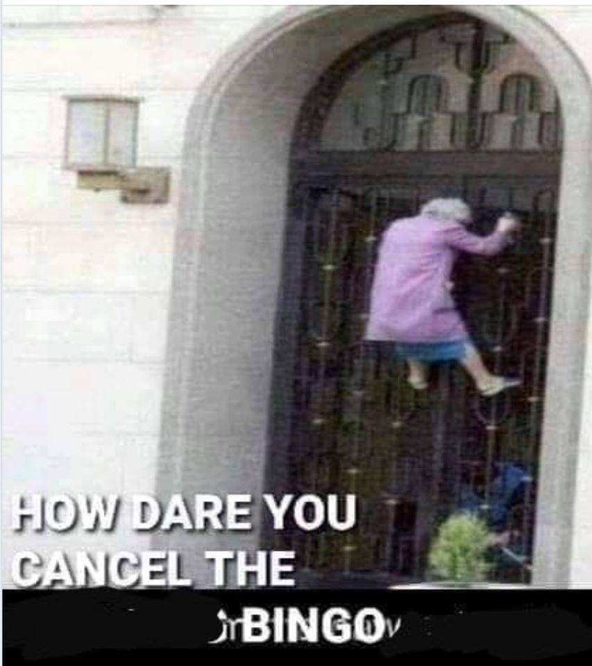 This meme is a humorous image of a person trying to escape through a window, with their legs sticking out of the frame. The text "HOW DARE YOU CANCEL THE BINGO" is written in a bold, playful font, implying that the person is angry and frustrated that their bingo night has been cancelled. The image is likely meant to be humorous and relatable, poking fun at the frustration of having plans ruined.