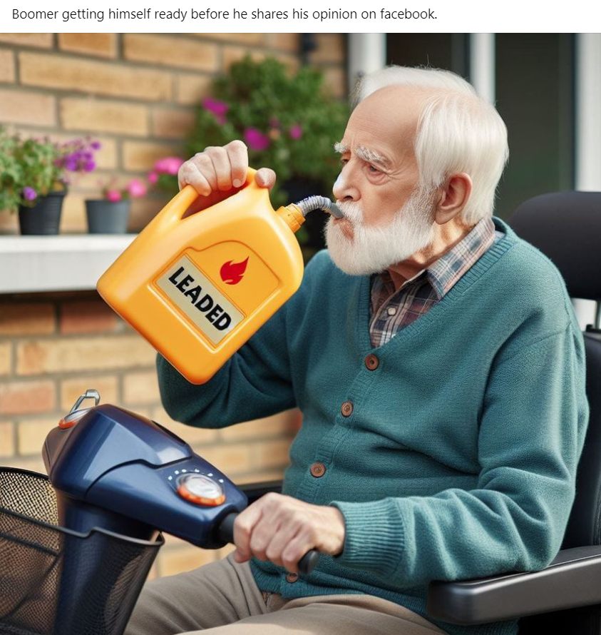 This meme is a humorous image of an elderly man, likely a stereotype of a "grumpy old man," holding a jug of gasoline with a label that says "LEADED". The text at the top of the image reads, "Boomer getting ready to share his opinion on Facebook". The joke is that the "leaded" gasoline is a reference to the idea that "boomers" are often seen as being out of touch with modern technology, and the meme is poking fun at the stereotype that they often share their opinions on social media.
