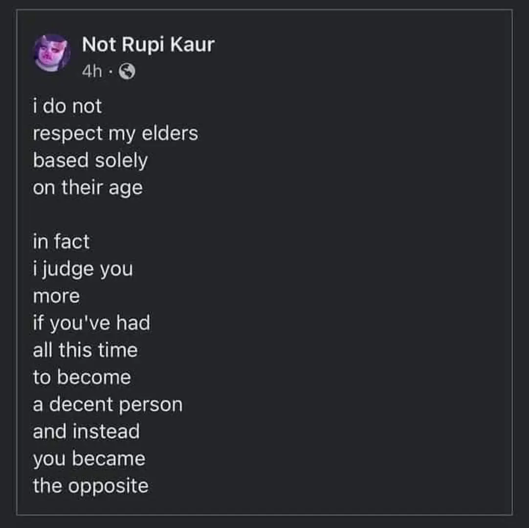 This meme is a humorous commentary on the relationship between parents and children. The image is a quote from a person's social media post, which reads: "i do not respect my elders / i do not respect my elders / i do not respect my elders / i do not respect my elders / in fact / i judge you more / if you've had / all this time / to become / a decent person / and instead / you became / the opposite".