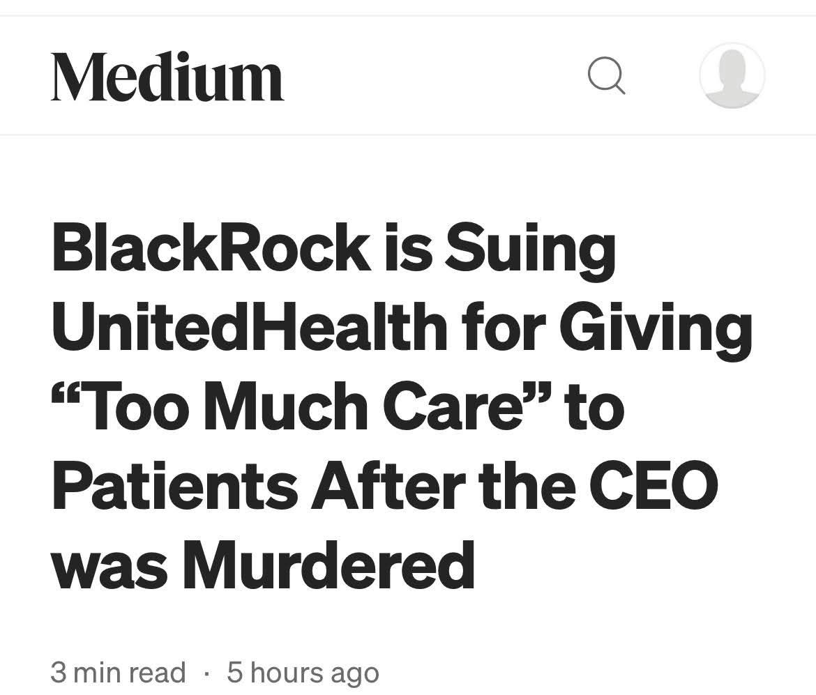 The meme is a screenshot of a news article with the title "BlackRock is Suing UnitedHealth for Giving 'Too Much Care' to Patients". The article is likely a joke, as the phrase "Too Much Care" sounds like "Too Much Car", implying that the healthcare company is giving patients too many cars, rather than too much care.