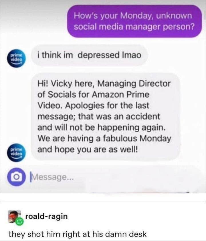 This meme is a screenshot of a conversation between an Amazon customer service representative and an Amazon customer. The customer is complaining about their order, but the representative responds with a sarcastic and humorous comment about the customer's complaint. The text reads: "How's your Monday, unknown social media manager person?" and the customer responds with "I think I'm depressed IMAO".