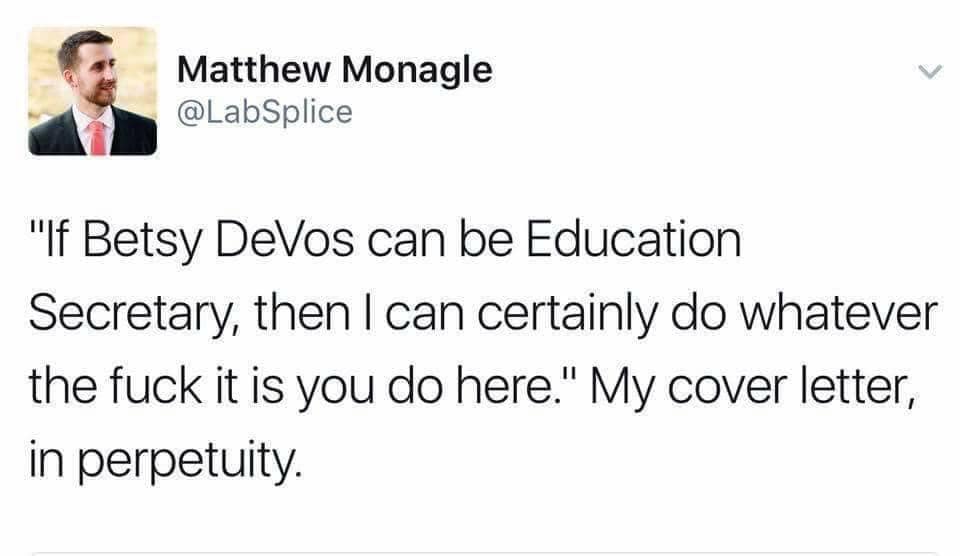 This meme is a humorous take on a job interview question. It features a quote from a job applicant's cover letter, where they respond to a question about what they would do if they were hired as the Secretary of Education by President Donald Trump. The quote is: "If Betsy DeVos can be Secretary of Education, then I can certainly f*** it when I'm in charge."