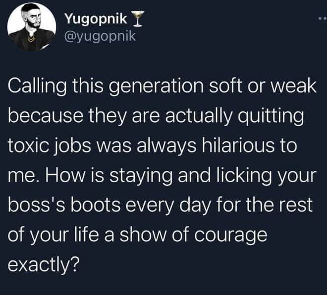 This meme is a humorous take on the stereotype that older generations are out of touch with modern technology and social norms. The image features a quote from a Twitter user named "Yugopnik" (real name: Alexey Yegorov), who jokes about how people who grew up in the 1990s are now struggling to keep up with the internet. The quote reads: "Calling this generation soft or weak because they are actually quitting their jobs to focus on their mental health, relationships, and happiness is always hilarious to me. How is staying and living in a toxic work environment, constantly sacrificing your mental and physical health for a paycheck, actually considered 'tough' or 'resilient'?".
