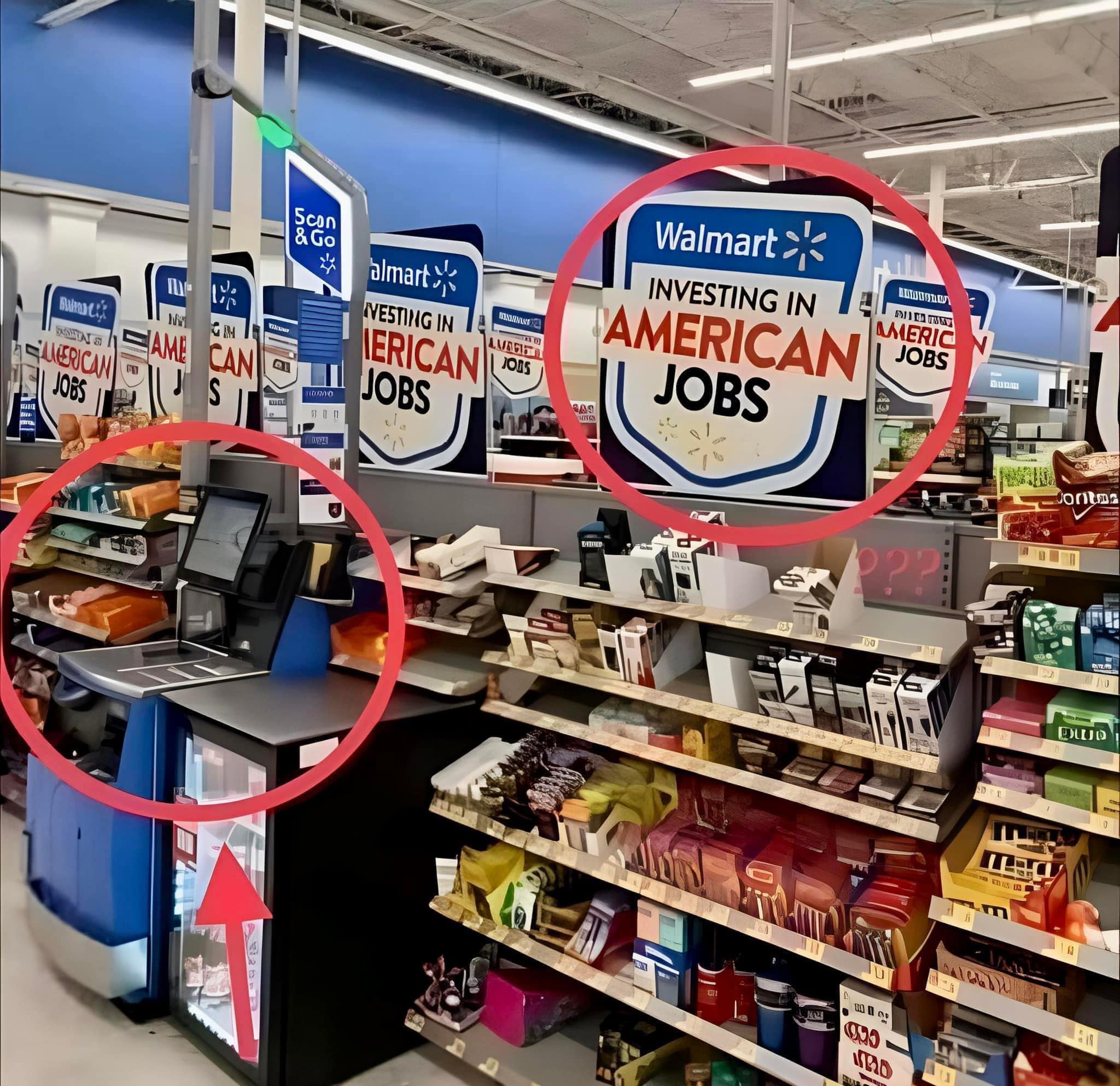 This meme is a photo of a Walmart store with a sign in the background that says "Investing in American Jobs" with a typo, reading "Investing in American Jobs" with a red "J" instead of a "J" in "Jobs". The sign is likely meant to be a patriotic message, but the typo makes it humorous. The image is likely meant to be ironic or sarcastic, poking fun at the idea of a company trying to be patriotic while making a simple mistake.