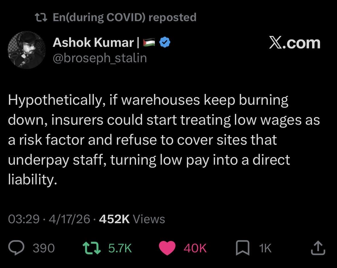 This dark joke suggests that current capitalist owners might treat high-risk labor as a financial liability by refusing to cover workers if they pay them too little. The punchline implies that businesses could legally...