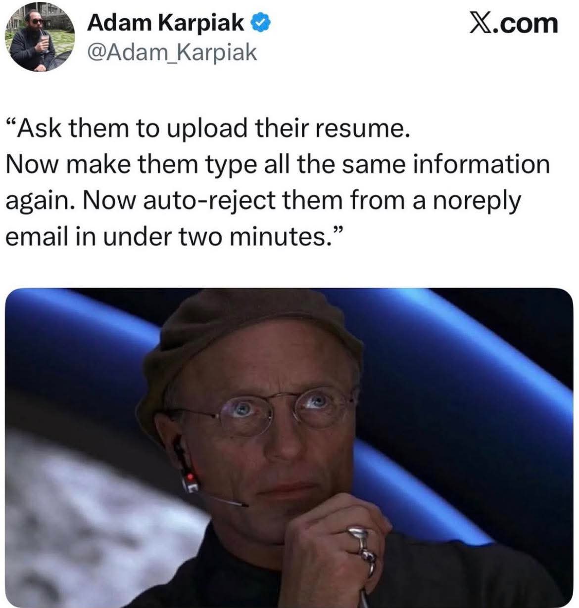 This meme is a satirical commentary on the current job market and the impact of automation on employment. The image features a quote from a character in the movie "The Matrix" (the character's name is not specified) a...