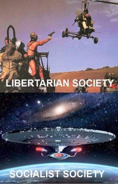 The meme is a split-screen image comparing two different movie/TV franchises. On the left, it shows a scene from the 1982 sci-fi film "Mad Max 2: The Road Warrior" with a group of survivors fighting against a gang of marauders. On the right, it shows a scene from the 1982 sci-fi film "Star Trek II: The Wrath of Khan" with a spaceship in space. The text "Libertarian" is on the left, and "Socialist" is on the right.