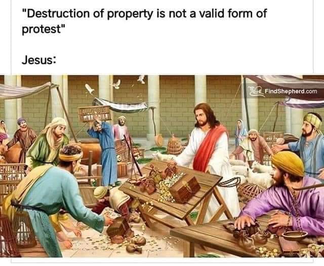 This meme is a humorous comparison between the biblical story of Jesus clearing the Temple in Jerusalem (Matthew 21:12-13) and a modern-day protest. The top text reads "Biblical quote: 'Destroy this temple and in three days I will build it'", which is actually a mistranslation or misquote. The image shows a scene from the Bible, with Jesus overturning tables and driving out merchants, but the caption below it says "Jesus: [smiling] I'm not here to make a scene, I'm just here for the free bread".