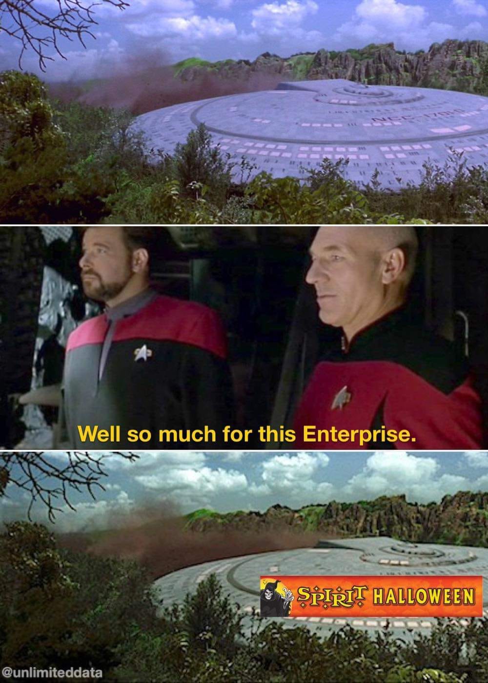 The meme is a screenshot from the TV show Star Trek: The Next Generation, featuring Captain Jean-Luc Picard and Commander William Riker on the bridge of the USS Enterprise. The image shows the two characters looking at a mysterious alien planet, with the caption "Well, that's a lot of money for a planet that doesn't even have a decent gift shop." Below the image is a red banner with the text "Star Trek: The Next Generation" in white, followed by "Well, that's a lot of money for a planet that doesn't even have a decent gift shop."