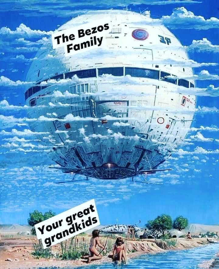 This meme is a humorous comparison between the Bezos family and the famous "Little House on the Prairie" family. The image shows a futuristic spaceship with the text "The Bezos Family" on it, while the "Little House on the Prairie" family is shown as a family of pioneers living in a log cabin, with the text "Your great grandparents" above them. The meme is poking fun at the vast wealth and privilege of the Bezos family in comparison to the humble beginnings of the "Little House on the Prairie" family.