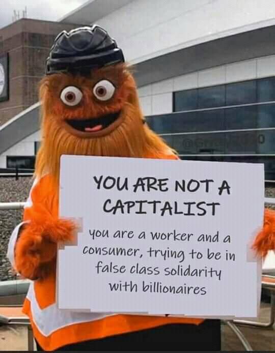 This meme features a photograph of the Philadelphia Eagles' mascot, Gritty, holding a sign. The sign reads: "You are not a capitalist, you are a worker and a consumer, trying to be in false class solidarity with billionaires. You are not a capitalist, you are a worker and a consumer, trying to be in false class solidarity with billionaires."