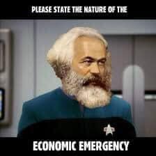 This meme is a humorous take on the Star Trek: The Next Generation character Captain Jean-Luc Picard. It features a still image of Picard with a serious expression, but with a ridiculous and unexpected twist: he's been replaced with the face of a 19th-century philosopher, Karl Marx. The text above the image reads "Please state the nature of the economic emergency" and the text below it says "I find your lack of faith disturbing".