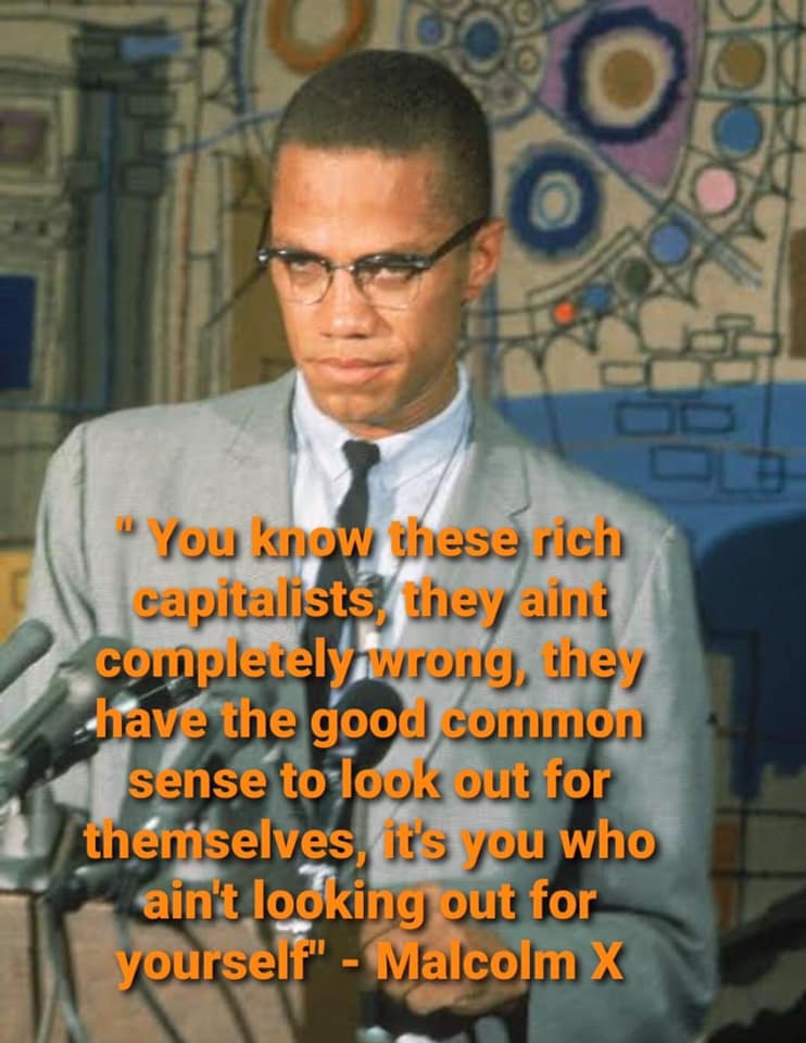 This meme features a photo of Malcolm X, a prominent African American leader, with a quote that appears to be a misquote or parody of his actual words. The quote reads: "You know these rich capitalists, they ain't completely wrong, they have the good common sense to look out for themselves, it's you who ain't looking out for yourself." The image is likely intended to be humorous or ironic, using Malcolm X's name in a way that is not accurate to his actual views or legacy.
