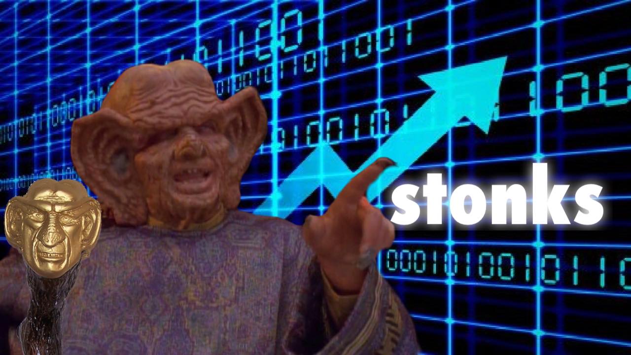 The meme is a still image from the movie Star Trek: The Next Generation, featuring the character Data, a humanoid android, with a caption "I'm not going to sit in a room filled with Klingons when I can watch it from home". The text "I'm not going to sit in a room filled with Klingons when I can watch it from home" is overlaid on the image, and the image is accompanied by the text "STONKs" and "I can smell the stocks".