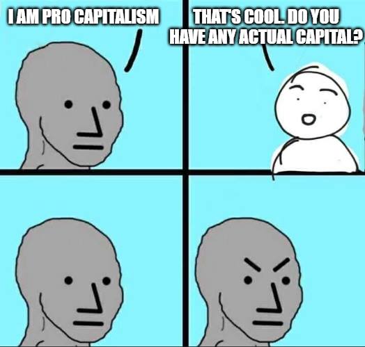 This meme is a humorous take on the concept of capitalism. It depicts a person who is proud of their capitalist views, but is then challenged by someone who asks if they actually have any wealth or assets to back up their claims. The person's response, "I am pro-capitalism", is followed by a question that is meant to be sarcastic and ironic, implying that the person is not actually wealthy or successful. The meme is meant to poke fun at the idea that some people are proud of their capitalist views, but may not actually have the wealth or success to back them up.