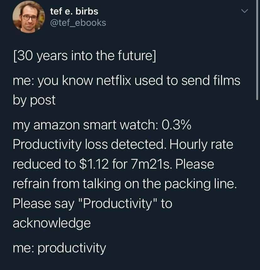 This meme is a humorous exchange between two characters, with the first character stating that they know Netflix is sending films by post, and the second character responding with a series of absurd and humorous statements, including a 0.3% productivity loss detection from an Amazon smartwatch, a 7-minute 21-second video, and a request to refrain from talking on the phone's packing line. The text also includes a "Please say 'productivity' to acknowledge" request.