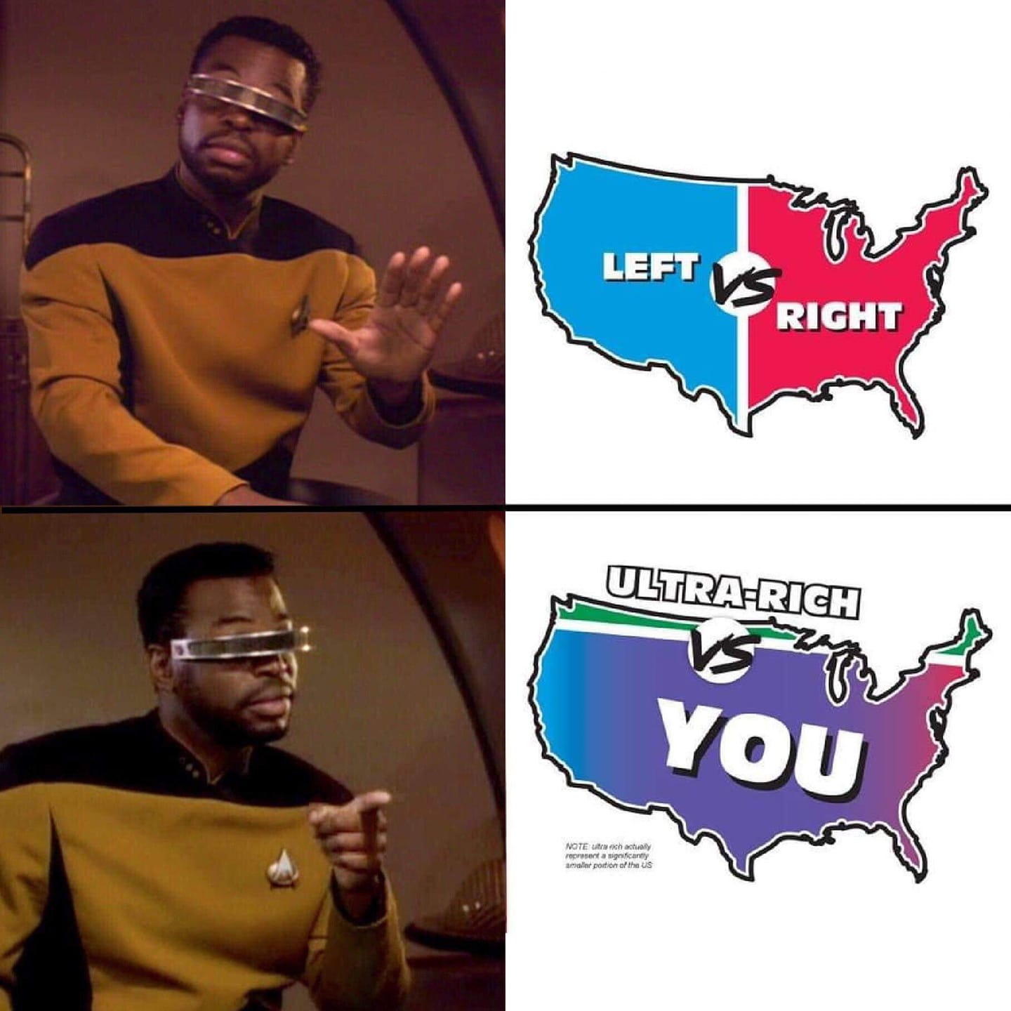The meme is a humorous comparison between the United States and a person. The top image shows a split-screen of a map with "LEFT" on the west coast and "RIGHT" on the east coast. The bottom image shows a map with "YOU" in the middle, implying that the country is now a single entity, with the left and right coasts merged into one. The text "LEFT VS RIGHT" is replaced with "LEFT VS YOU".