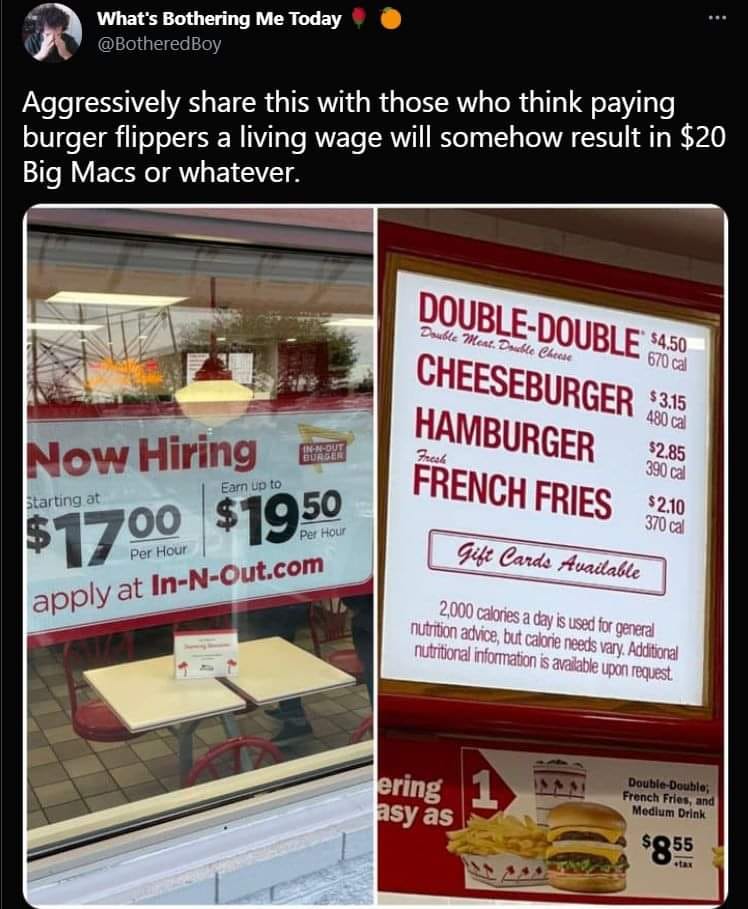 The meme is a humorous comparison of the cost of food at In-N-Out Burger, a West Coast chain, and a Big Mac from McDonald's, a fast-food chain. The text above the image reads: "In-N-Out Burger is cheaper than McDonald's, but only if you don't count the cost of living in California." The image shows a side-by-side comparison of the prices of two burgers and two fries at In-N-Out Burger, with the prices of a Big Mac and fries at McDonald's.