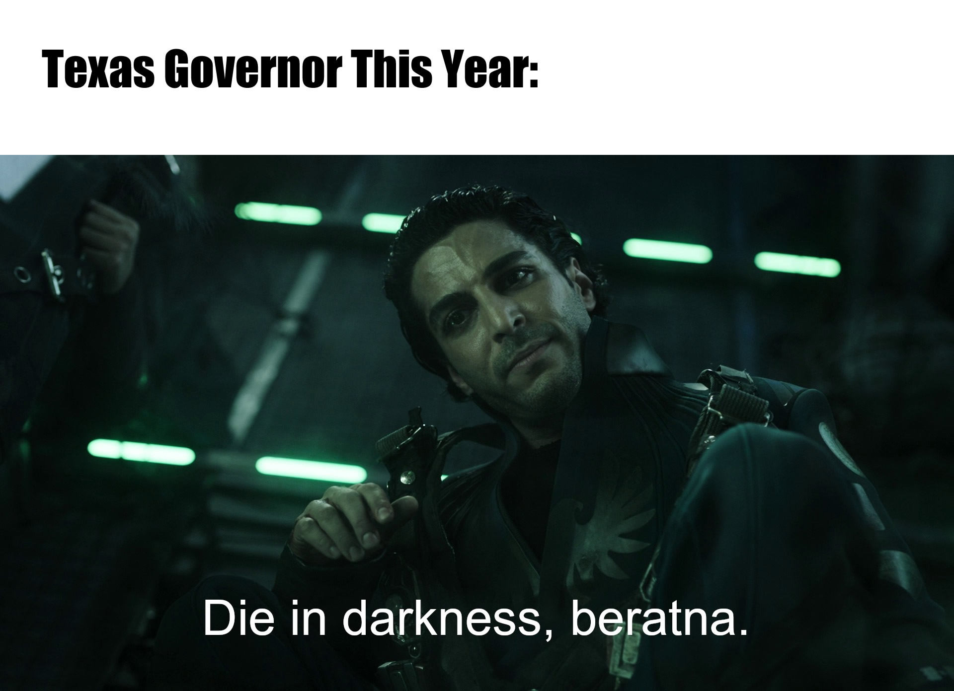This meme is a humorous take on the popular "I find your lack of faith disturbing" line from Star Wars. It features a character from the movie "Star Wars: Rogue One" (played by Diego Luna) and replaces the original line with a reference to the 2022 film "Don't Worry Darling". The image shows the character saying "Die in darkness, beret" instead of the original line.