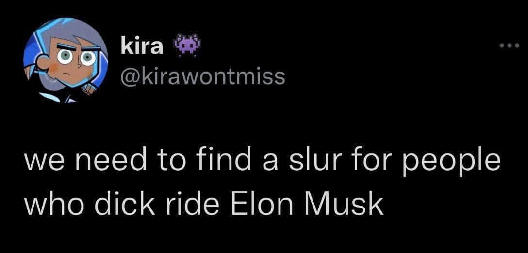 This meme is a screenshot of a tweet that reads "we need to find a slur for people who dick ride Elon Musk". The image is a blank gray box, but the text is visible. The tweet is likely a humorous commentary on the controversy surrounding Elon Musk's personal life and the way some people defend or "dick ride" him.