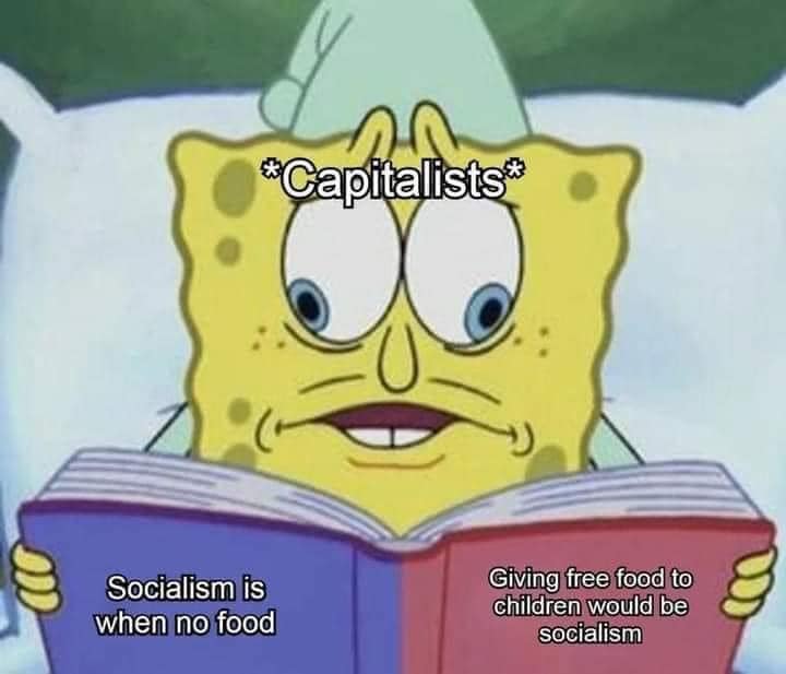 This meme is an image of SpongeBob SquarePants sitting on a couch, looking concerned. The text "Socialism is when no one has to work" appears above him, and the text "Capitalism is when you have to work for every peanut" appears below him. The image is a humorous commentary on the contrast between socialist and capitalist ideologies.