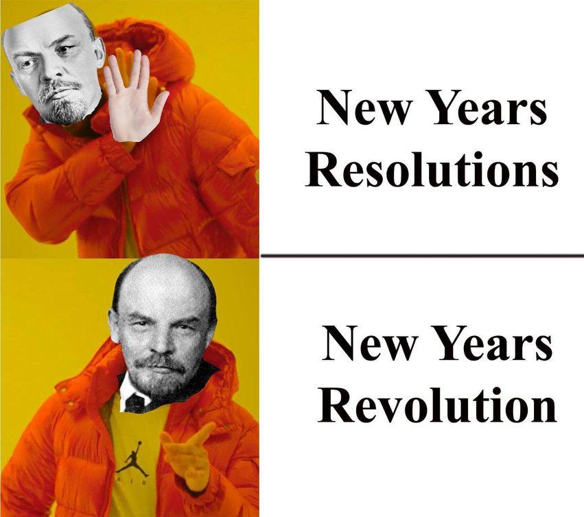 This meme is a humorous comparison between two images. The top image features a person with a "don't care" expression, while the bottom image shows the same person with a "I care" expression. The text "New Year's Resolutions" and "New Year's Revolutions" is written on the left and right sides of the image, respectively.