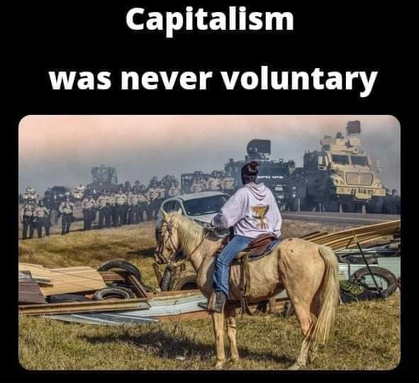 This meme is a humorous commentary on the concept of capitalism. The image shows a person on horseback, but the horse is actually a tank, indicating that the person is riding a war machine, not a traditional horse. The text above the image reads "Capitalism: because owning nothing means you can afford anything".