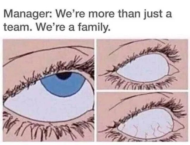 This meme is a humorous image that uses a series of anime-style eyes to convey a sense of awkwardness or discomfort. The text "Manager: We're more than just a team. We're a family." is juxtaposed with a series of increasingly shocked or horrified expressions, implying that the manager's statement is not as sincere or comforting as they intend it to be. The image is likely meant to poke fun at the idea of a company trying to be overly friendly or sentimental.