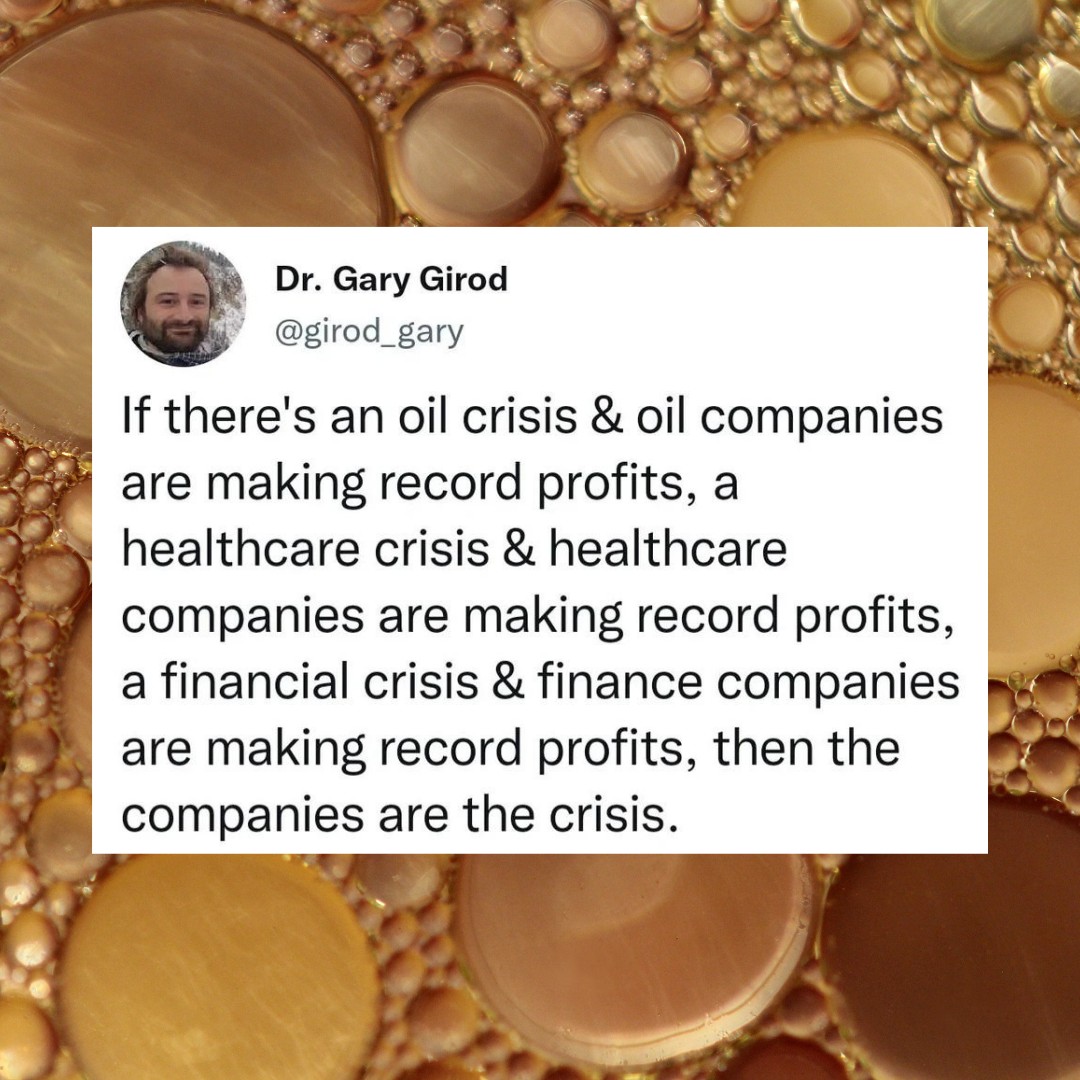 This meme is a humorous commentary on the 2020-2021 global economic downturn. The image features a quote from a Twitter post by Dr. Gary Girod, which reads: "If there's a crisis involving oil, it's a crisis. If there's a crisis involving banks, it's a recession. If there's a crisis involving hospitals, it's a healthcare crisis. If there's a crisis involving anything else, it's a crisis. If there's a crisis involving both oil and banks, it's a depression. If there's a crisis involving both oil and hospitals, it's a pandemic. If there's a crisis involving both oil and banks and hospitals, it's a global catastrophe. If there's a crisis involving both oil, banks, and hospitals, then the companies are making record profits, then the companies are the crisis."